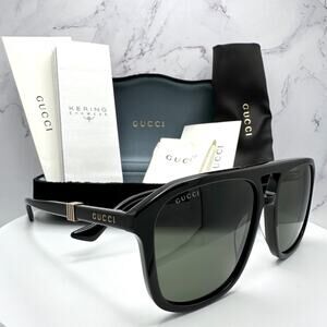 New GUCCI Sunglasses Black Aviator Pilot Gold Logo Metal Red Green Web Gucci
